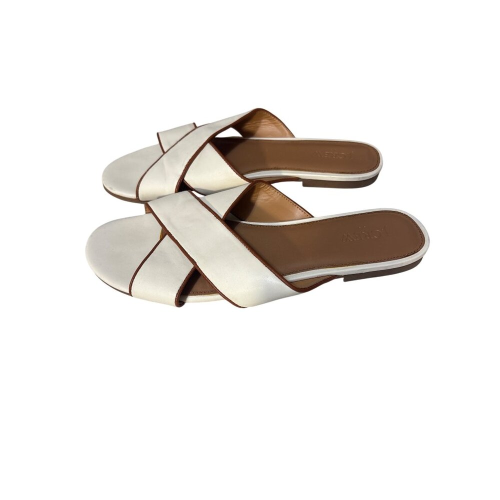 J.Crew Womens Size 10 Slides In White Leather With Brown Trim‎